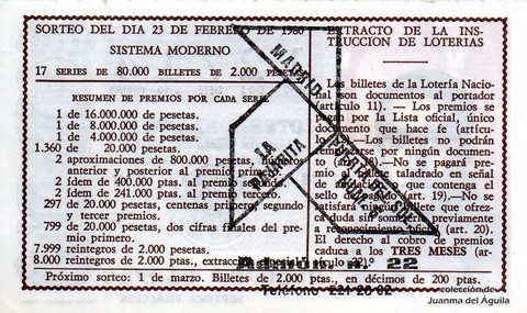 Reverso del décimo de Lotería Nacional de 1980 Sorteo 8