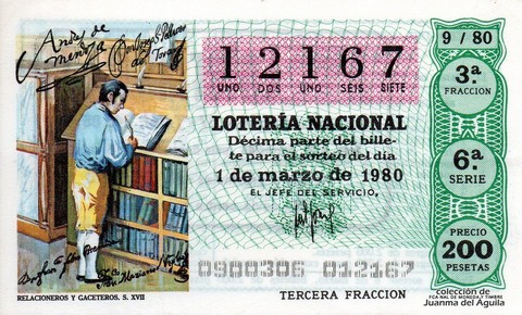 Décimo de Lotería Nacional de 1980 Sorteo 9 - RELACIONEROS Y GACETEROS. S. XVII