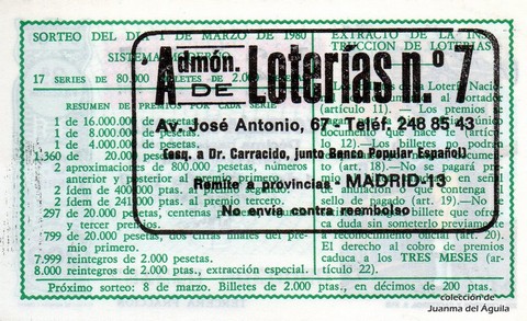Reverso del décimo de Lotería Nacional de 1980 Sorteo 9