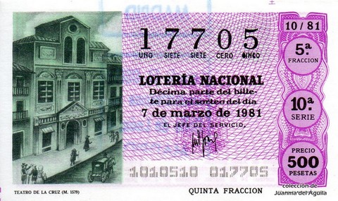 Décimo de Lotería Nacional de 1981 Sorteo 10 - TEATRO DE LA CRUZ (M. 1579)