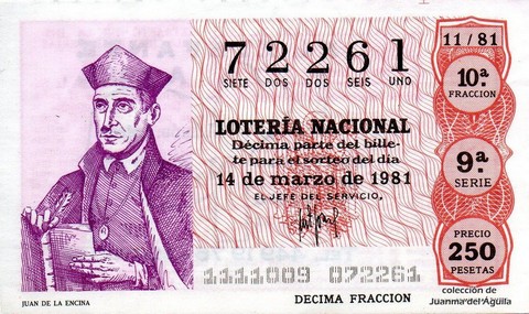 Décimo de Lotería Nacional de 1981 Sorteo 11 - JUAN DE LA ENCINA