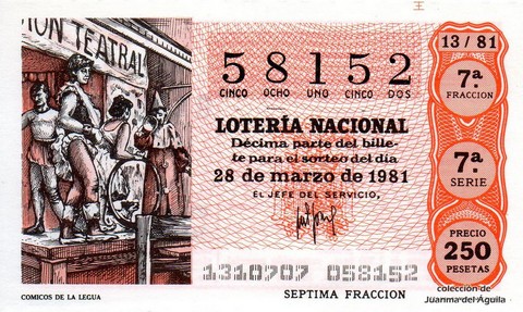 Décimo de Lotería Nacional de 1981 Sorteo 13 - COMICOS DE LA LEGUA