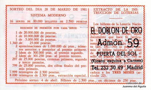 Reverso décimo de Lotería 1981 / 13