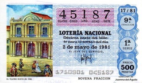 Décimo de Lotería Nacional de 1981 Sorteo 17 - EL TEATRO NUEVO (M. 1750)