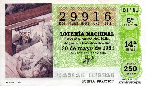 Décimo de Lotería Nacional de 1981 Sorteo 21 - EL APUNTADOR