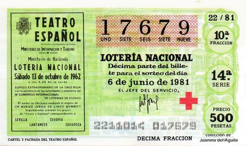 Décimo de Lotería Nacional de 1981 Sorteo 22 - CARTEL Y FACHADA DEL TEATRO ESPAÑOL