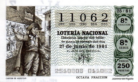 Décimo de Lotería Nacional de 1981 Sorteo 25 - CANTOR DE ALELUYAS