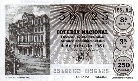 Décimo de Lotería Nacional de 1981 Sorteo 26 - TEATRO DEL LICEO (B. 1883)