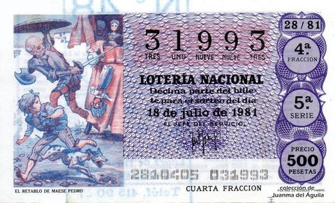 Décimo de Lotería Nacional de 1981 Sorteo 28 - EL RETABLO DE MAESE PEDRO