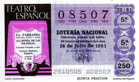 Décimo de Lotería Nacional de 1981 Sorteo 29 - CARTEL ANUNCIADOR