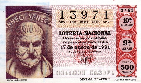Décimo de Lotería Nacional de 1981 Sorteo 3 - LUCIO ANNEO SENECA