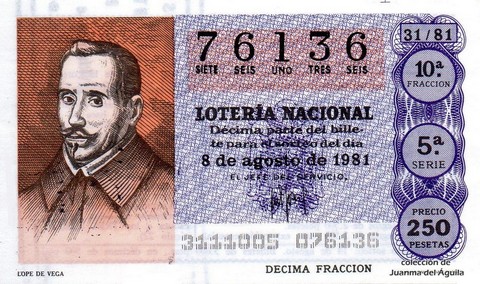 Décimo de Lotería Nacional de 1981 Sorteo 31 - LOPE DE VEGA