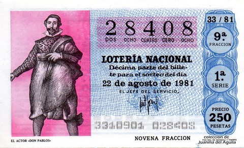 Décimo de Lotería Nacional de 1981 Sorteo 33 - EL ACTOR «DON PABLOS»