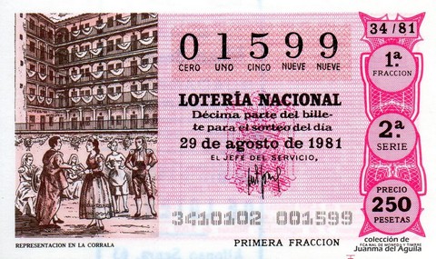 Décimo de Lotería Nacional de 1981 Sorteo 34 - REPRESENTACION EN LA CORRALA