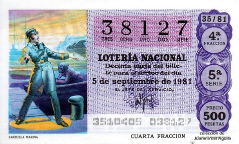 Décimo de Lotería Nacional de 1981 Sorteo 35 - ZARZUELA MARINA