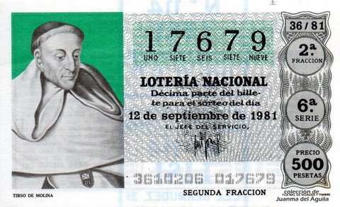 Décimo de Lotería Nacional de 1981 Sorteo 36 - TIRSO DE MOLINA