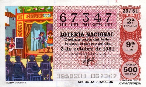 Décimo de Lotería Nacional de 1981 Sorteo 39 - TEATRO AMBULANTE
