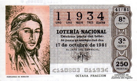 Décimo de Lotería Nacional de 1981 Sorteo 41 - FERNANDEZ DE MORATIN
