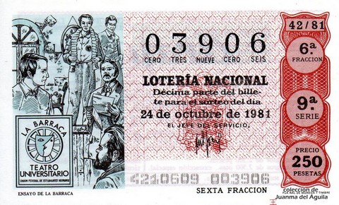 Décimo de Lotería Nacional de 1981 Sorteo 42 - ENSAYO DE LA BARRACA