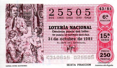 Décimo de Lotería Nacional de 1981 Sorteo 43 - ESPERA ENTRE BASTIDORES