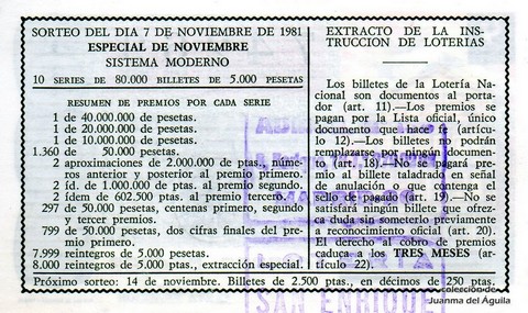 Reverso décimo de Lotería 1981 / 44