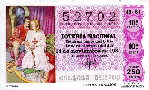 Décimo de Lotería Nacional de 1981 Sorteo 45 - EL TENORIO