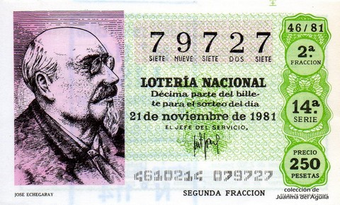 Décimo de Lotería Nacional de 1981 Sorteo 46 - JOSE ECHEGARAY
