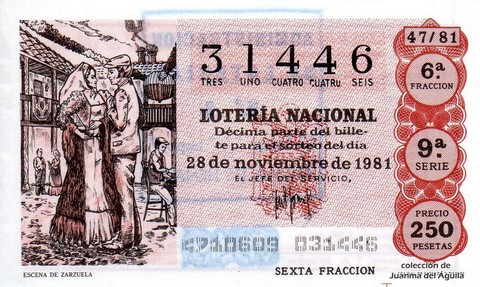 Décimo de Lotería Nacional de 1981 Sorteo 47 - ESCENA DE ZARZUELA