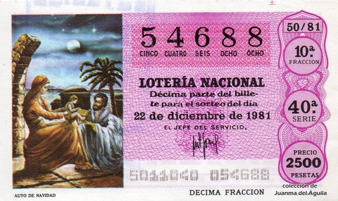 Décimo de Lotería Nacional de 1981 Sorteo 50 - AUTO DE NAVIDAD