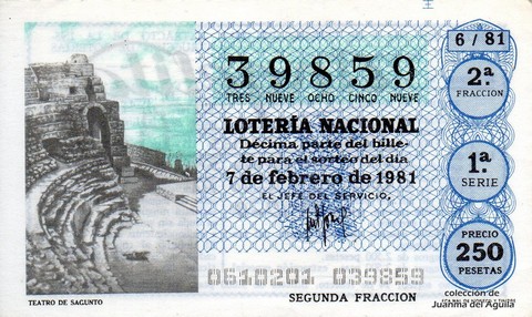 Décimo de Lotería Nacional de 1981 Sorteo 6 - TEATRO DE SAGUNTO