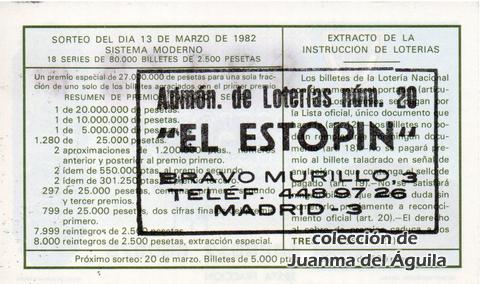 Reverso décimo de Lotería 1982 / 10