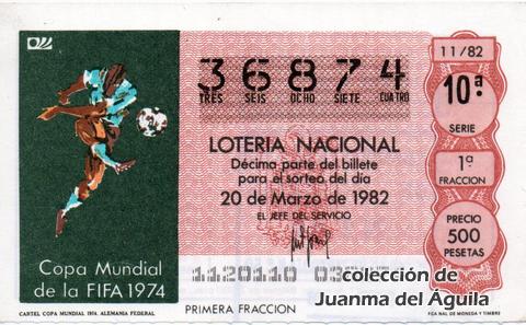 Décimo de Lotería Nacional de 1982 Sorteo 11 - CARTEL COPA MUNDIAL 1974. ALEMANIA FEDERAL