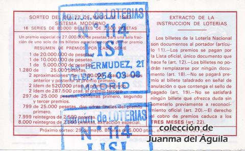 Reverso décimo de Lotería 1982 / 19
