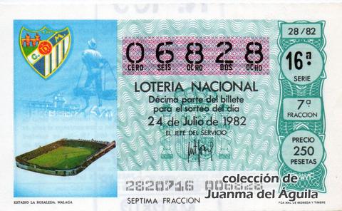 Décimo de Lotería Nacional de 1982 Sorteo 28 - ESTADIO LA ROSALEDA. MALAGA