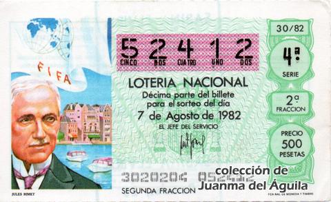 Décimo de Lotería Nacional de 1982 Sorteo 30 - JULES RIMET
