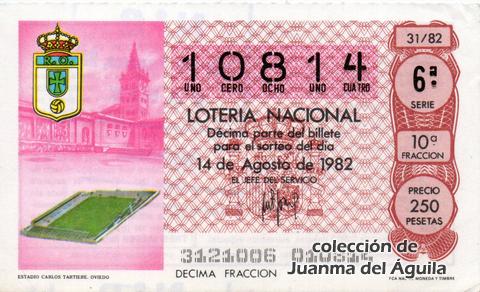 Décimo de Lotería Nacional de 1982 Sorteo 31 - ESTADIO CARLOS TARTIERE. OVIEDO