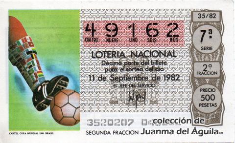 Décimo de Lotería Nacional de 1982 Sorteo 35 - CARTEL COPA MUNDIAL 1950. BRASIL