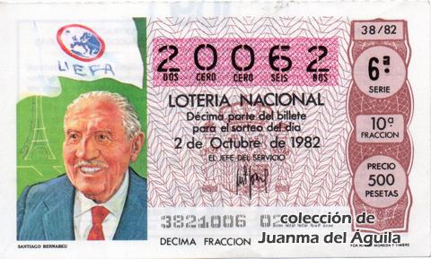 Décimo de Lotería Nacional de 1982 Sorteo 38 - SANTIAGO BERNABEU