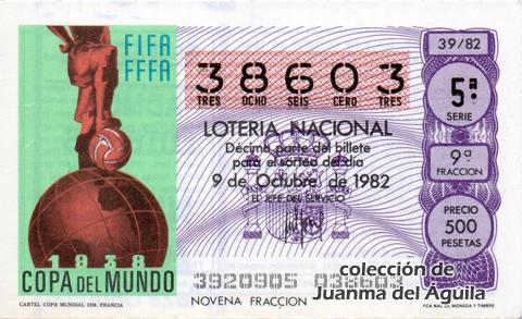 Décimo de Lotería Nacional de 1982 Sorteo 39 - CARTEL COPA MUNDIAL 1938. FRANCIA