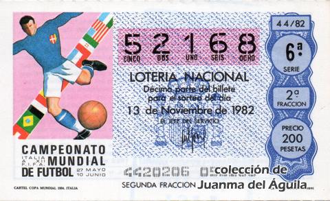 Décimo de Lotería Nacional de 1982 Sorteo 44 - CARTEL COPA MUNDIAL 1934. ITALIA