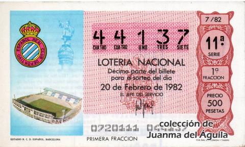Décimo de Lotería Nacional de 1982 Sorteo 7 - ESTADIO R.C.D. ESPAÑOL. BARCELONA
