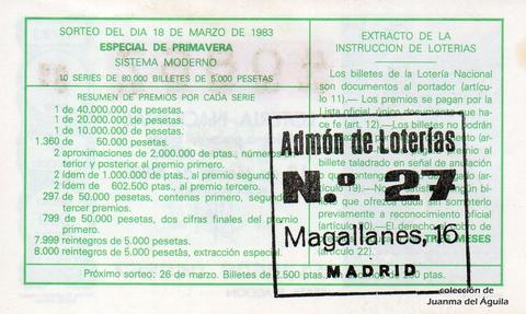 Reverso del décimo de Lotería Nacional de 1983 Sorteo 11