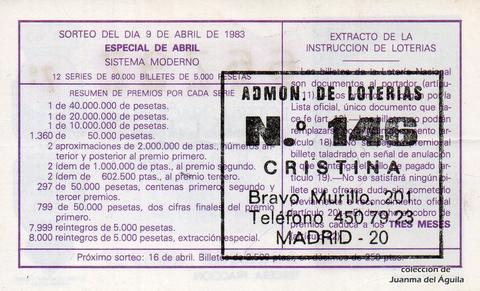 Reverso del décimo de Lotería Nacional de 1983 Sorteo 13