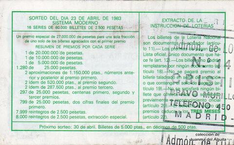 Reverso del décimo de Lotería Nacional de 1983 Sorteo 15