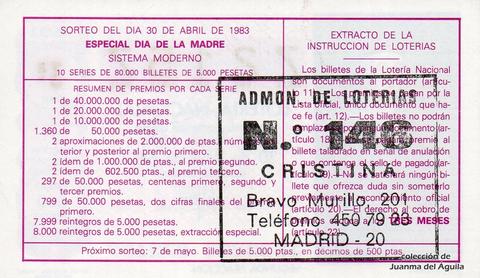 Reverso del décimo de Lotería Nacional de 1983 Sorteo 16