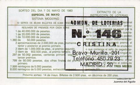 Reverso del décimo de Lotería Nacional de 1983 Sorteo 17