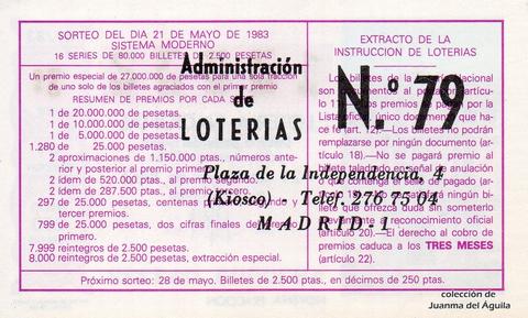 Reverso del décimo de Lotería Nacional de 1983 Sorteo 19