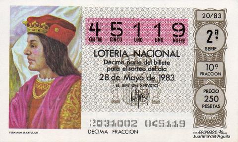 Décimo de Lotería Nacional de 1983 Sorteo 20 - FERNANDO EL CATOLICO