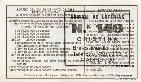 Reverso del décimo de Lotería Nacional de 1983 Sorteo 20