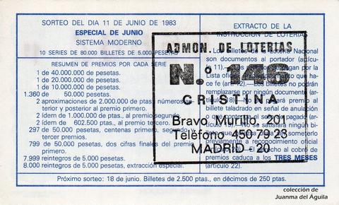 Reverso del décimo de Lotería Nacional de 1983 Sorteo 22